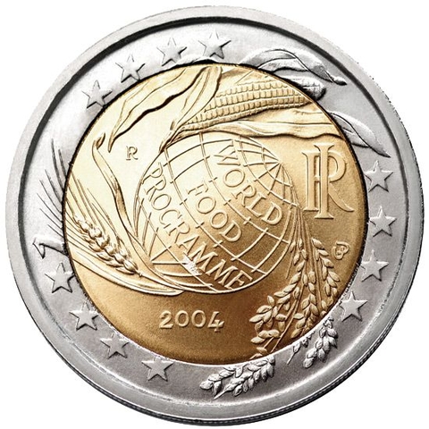 Italian 2 euro commemorative coin showing the World Food Programme, 2004