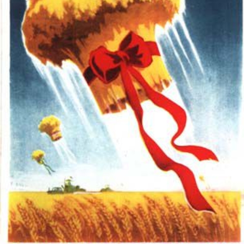 A propaganda poster from the "Great Leap Forward" in China, designed to make grain production look like shooting rockets
