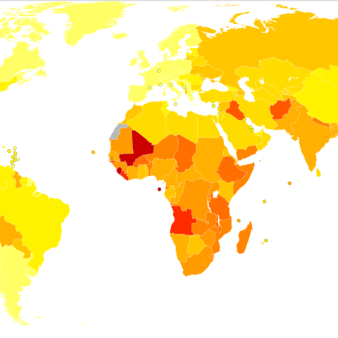 Age standardized disability-adjusted life year (DALY) per country, a measure of health that incorporates mortality and morbidity. Ranging from Light Yellow (less than 150 years of life lost) to Dark Red (over 1750 years of life lost) per 100,000 inhabitants by World Health Organization
