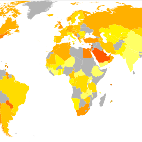 World Map of obesity in adult females (as % of population with a Body Mass Index over 30) per country, 2008, from under 5% (light yellow) to 40% (red)