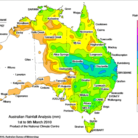Map showing the Amount of Rainfall in Australia in early March 2010