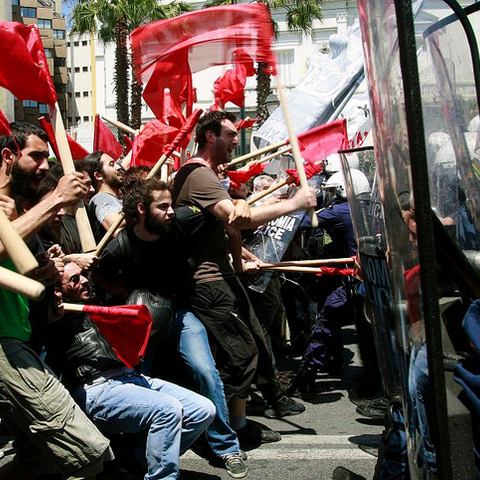 Protesters and riot police in 2010 during May Day demonstrations.