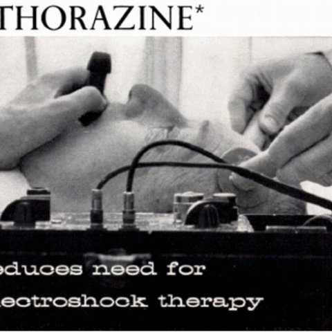A 1955 advertisement in Mental Hospitals magazine for the antipsychotic drug Thorazine.
