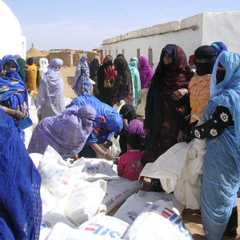 Saharawi refugee women from the Western Sahara in 2004 gathering to collect flour in the Dakhla refugee camp in Algeria.
