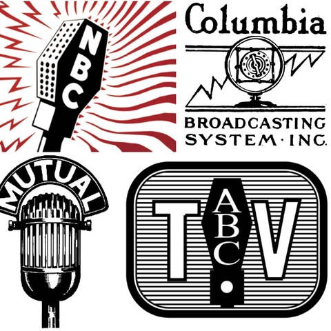 Early media logos for the National Broadcasting Corporation, the Columbia Broadcasting Corporation, Mutual Broadcasting System, and American Broadcasting Corporation.
