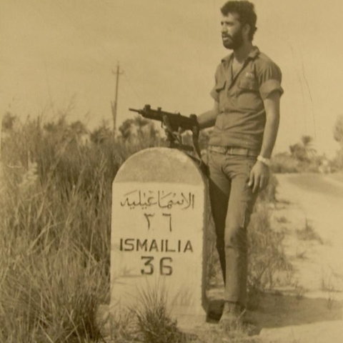 An Israeli soldier standing guard on the road to Ismailia during the Yom Kippur War, 1973