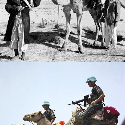 The old and the new. At top, U.N. peacekeepers at a Swedish camp in the Sinai peninsula in 1957; at bottom, soldiers patrol the boundary between Eritrea and Ethiopia after two years of fighting in 2000.