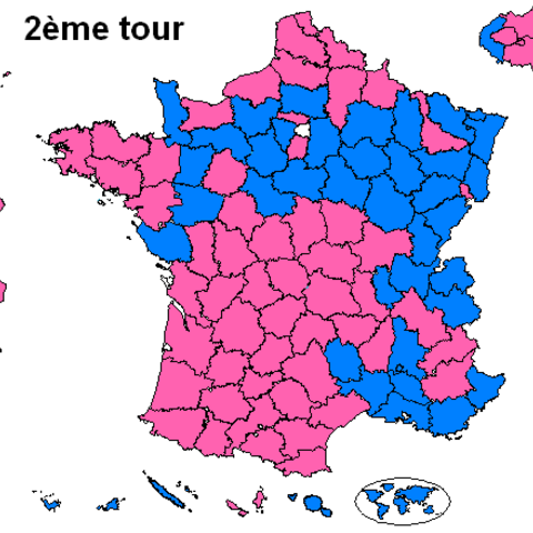 Regions in pink voted for Hollande, while those in blue voted for Sarkozy, in the May 2012 presidential runoff election.