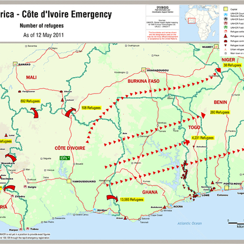 This map shows the efflux of refugees from Côte d’Ivoire due to violence there. A U.N. peacekeeping presence has failed to stem the flow and exemplifies the challenging nature of modern peacekeeping.