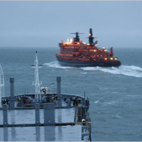 Nuclear icebreaker "50 Let Pobedy" ("50 Years of Victory") escorting the "Beluga Fraternity" and "Beluga Foresight" through the Northern Sea Route in 2009
