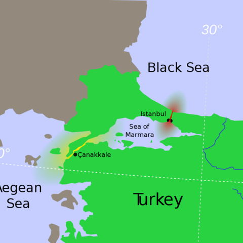 A map showing the Straits, with the Bosporus in red and the Dardanelles in yellow