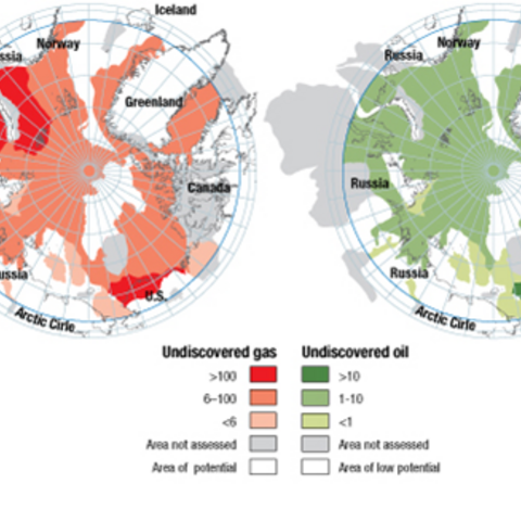 Potential oil (orange) and gas (green) resources in the Arctic