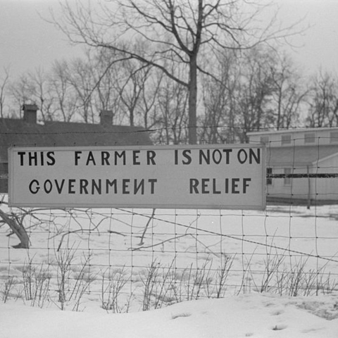 A farmer protests government handouts during the New Deal