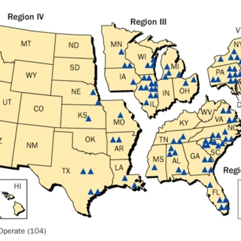 U.S. locations of licensed nuclear power plants in 2008