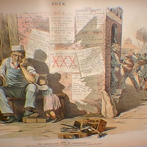 An 1888 cartoon from Puck magazine lamenting the perceived loss of jobs of native born American workers to immigrants