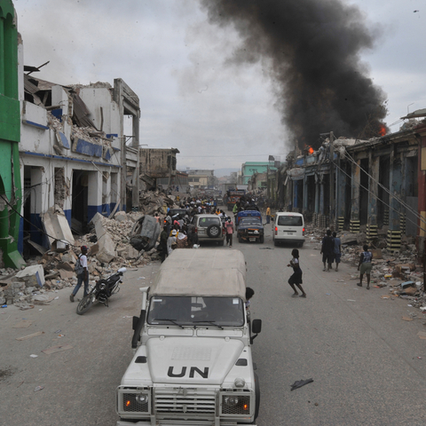A U.N. vehicle in a Port-au-Prince neighborhood following the 2010 earthquake