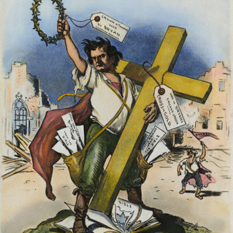 An 1896 cartoon depicting William Jennings Bryan's declaration that mankind would not be 'crucified on a cross of gold'