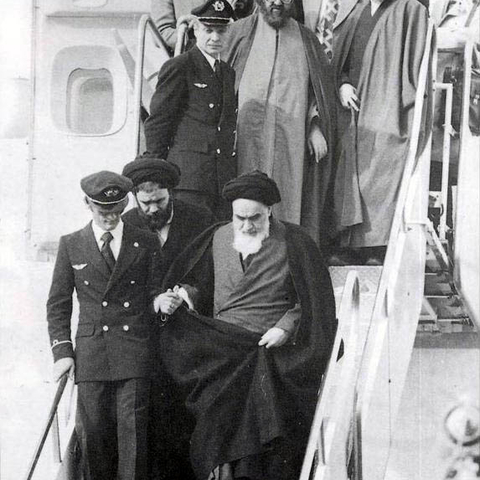 The Ayatollah Ruhollah Khomeini, the future supreme leader of Iran, returns to Iran following his exile abroad, February 1979
