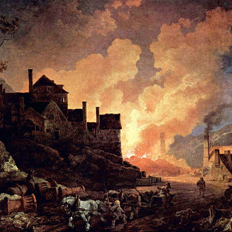 Blast furnaces light the iron making town of Coalbrookdale in this 1801 painting, a scene from the Industrial Revolution