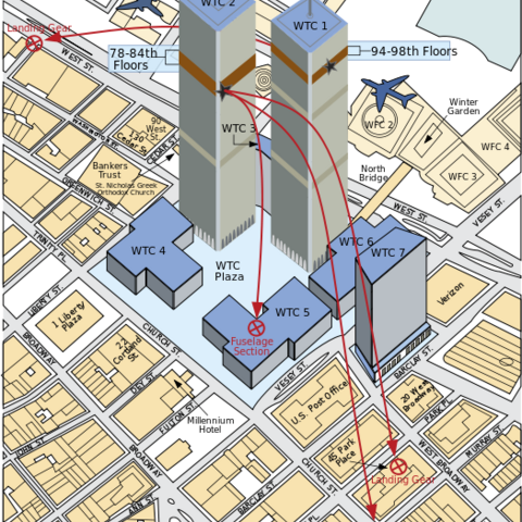 Diagram showing how suicide attackers used airplanes as missiles on September 11, 2001.