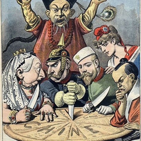 A French cartoon from 1898 depicting England, Germany, Russia, France, and Japan dividing up China.