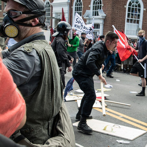 Protesters and counter-protesters clashing at the Unite the Right rally in Charlottesville, VA.