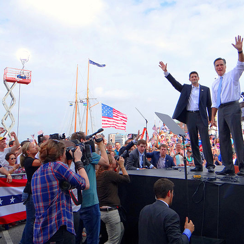 Republican running mates during the 2012 election rally in Norfolk, Virginia.