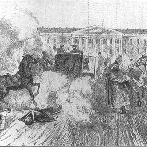 The first of two suicide attacks on Russian Tsar Alexander II in 1881.