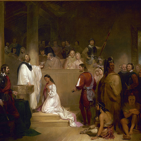 John Gadsby Chapman’s 1840 painting depicts Pocahontas’s baptism and rechristening.
