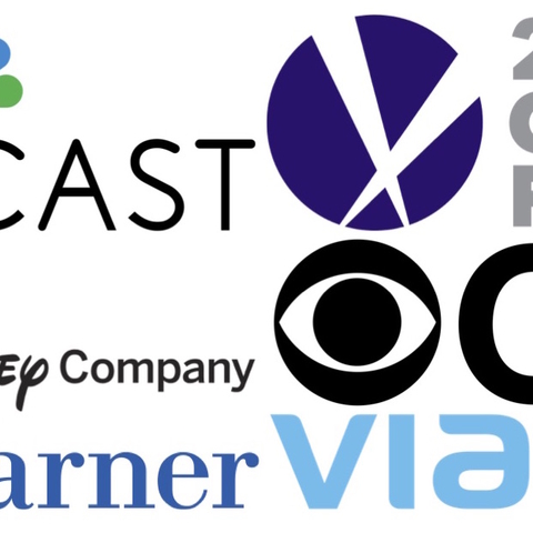 The logos of the 'Big Six': the Comcast Corporation logo, the Walt Disney Company logo, the Time Warner Incorporated logo, the 21st Century Fox logo, the CBS Corporation logo, the Viacom logo.