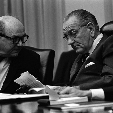Secretary of State Dean Rusk with President Lyndon Johnson in 1968.