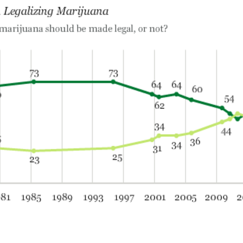 This national poll, dating from 1969 to 2013, reveals that for the first time, more Americans—at 58 percent—favor marijuana legalization.