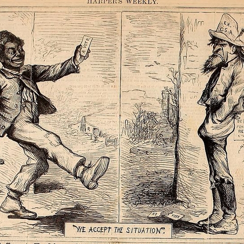 An 1867 cartoon depicting an enfranchised black man and a sulking Confederate.