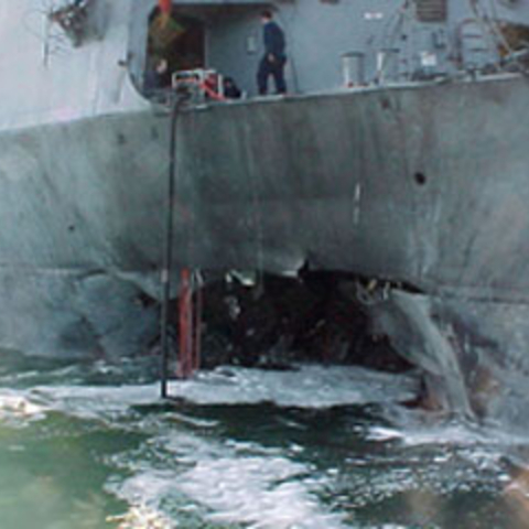 This Navy photo shows the USS Cole after a suicide attack.