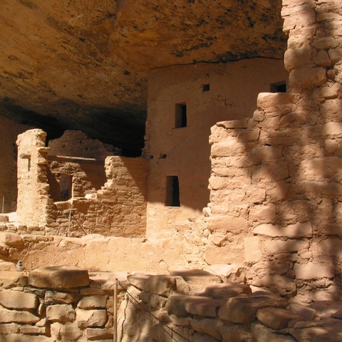 Ancient pueblo cliff dwelling at Mesa Verde.