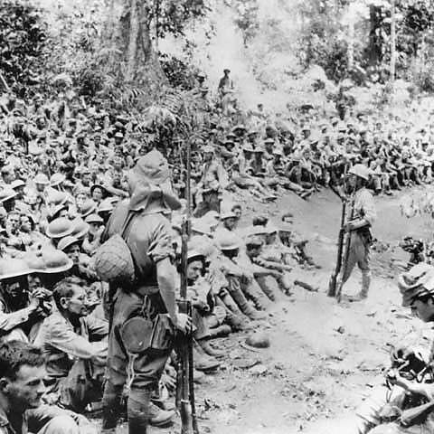 The surrender of Fil-American troops on Bataan in April 1942.