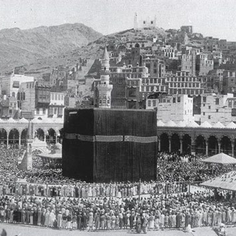 Pilgrims gather at the Grand Mosque around the Kaaba.