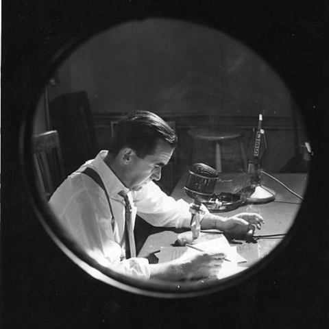 CBS anchor Edward R. Murrow at work in his office.