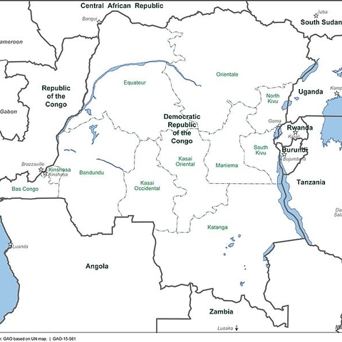 A 2015 map of the Democratic Republic of the Congo with provinces and adjoining countries.