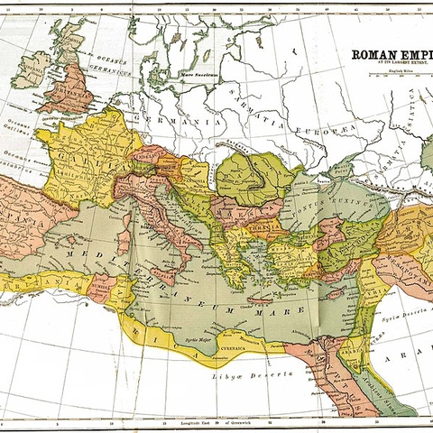 An 1897 map of the boundaries of the Roman Empire.