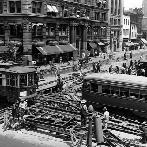 Workers repairing streetcar tracks in Washington, D.C. in 1941.
