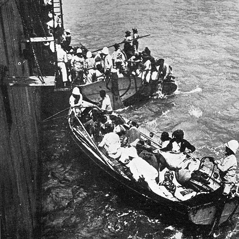 French warship picking up Armenian refugees fleeing a Turkish massacre in 1915.