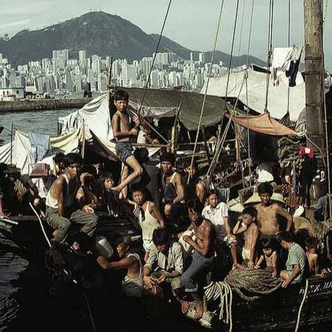 Ethnic Chinese refugees from Vietnam in a dockyard refugee camp in Hong Kong in 1979.