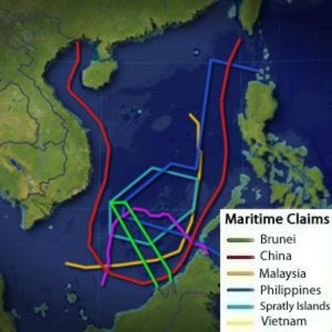 A map of maritime claims in the South China Sea.