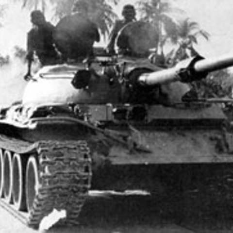 Indian tank advancing upon Dhaka during the 1971 war.