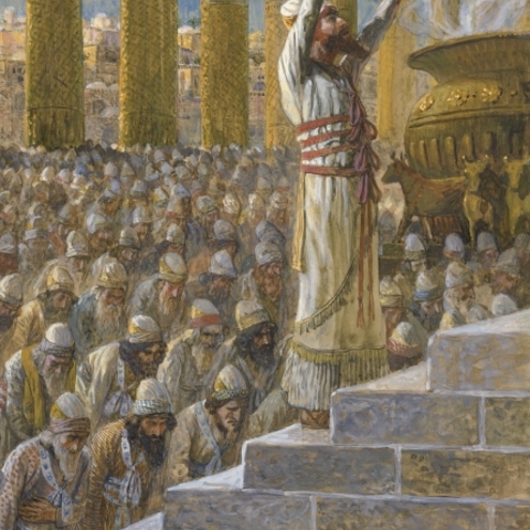 King Solomon dedicating the Temple at Jerusalem.