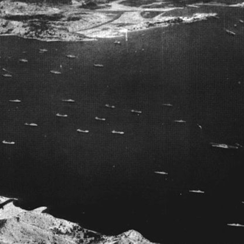 Aerial view of U.S. warships in Subic Bay, 1950s.