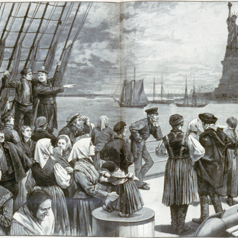 A sketch of European immigrants as they pass the Statue of Liberty.