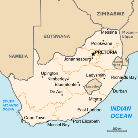 A map of South Africa and some of its major cities.