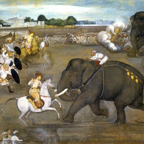 Painting of Mughal Emperor Aurangzeb confronting an angry elephant.